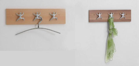 "HOOK" Wall Mounted Coat Hanger / Key Rack. Beech or Walnut. Pack of 2