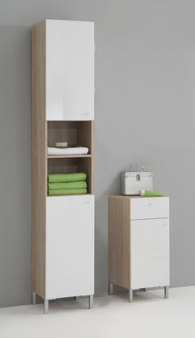 'Bilbao' Matching Bathroom Unit Cabinets. Floor or Wall Mount. Gloss White & Washed Oak